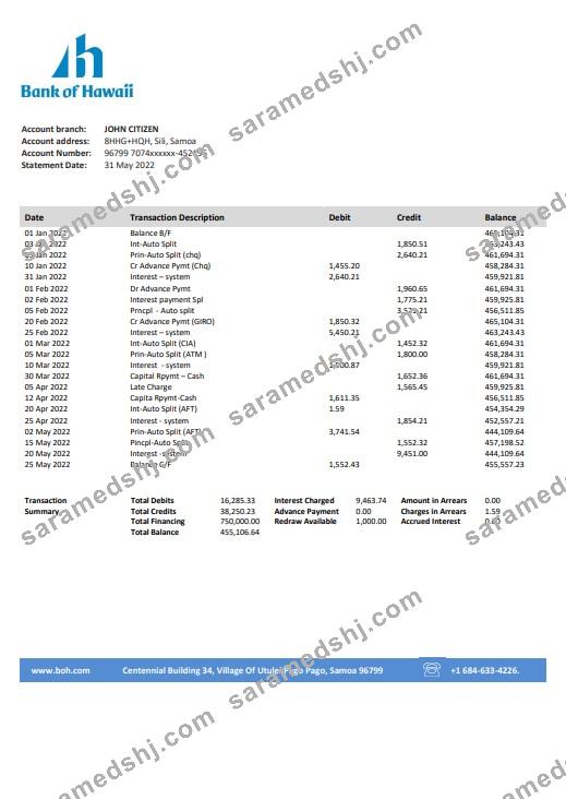 Samoa Bank of Hawaii bank proof of address statement template in Word and PDF format